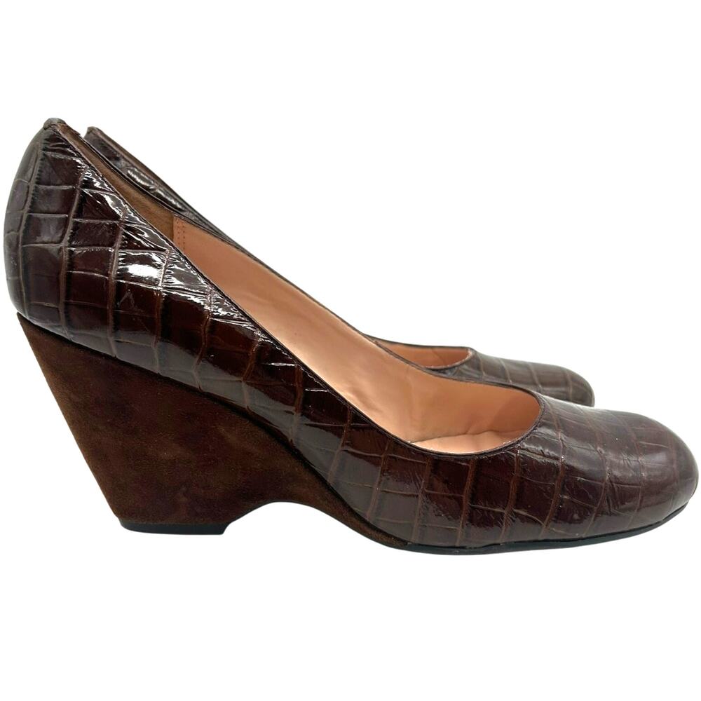 Franco Sarto Croc Embossed Patent Leather Wedge Pumps Size 9 Brown Office Fall - Picture 2 of 8